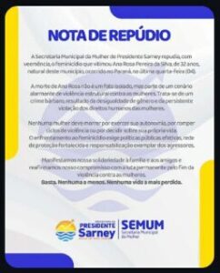 Nota de Repúdio da Secretaria da Mulher de Presidente Sarney pelo Assassinato de Ana Rosa Pereira da Silva