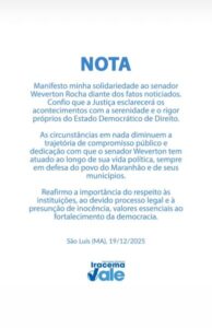Iracema emite nota de solidariedade a Weverton após ação da PF