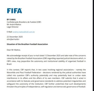 Fifa alerta que pode suspender CBF por intervenção judicial na FMF