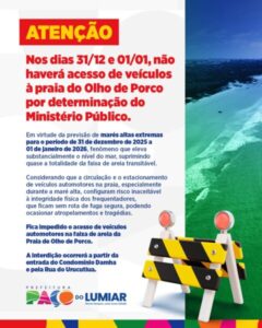 MP barra circulação de veículos na praia Olho de Porco no Réveillon
