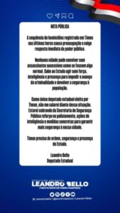 Leandro Bello cobra resposta do Estado após sequência de homicídios em Timon