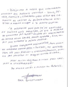 Em carta, Bolsonaro pede que Michelle entre na política apenas após março de 2026