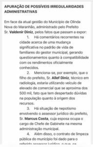 Urgente!!! Pedido de apuração aponta possíveis irregularidades na gestão municipal de Olinda Nova do Maranhão