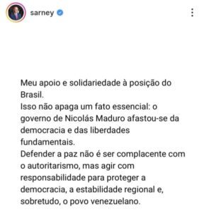 “Defender a paz não é ser complacente com o autoritarismo”, diz Sarney ao comentar caso Maduro