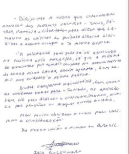Em carta, Bolsonaro pede que Michelle entre na política apenas após março de 2026
