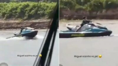 Criança de 4 anos pilota jet ski em balneário no Maranhão