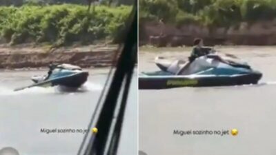 Criança de 4 anos pilota jet ski em balneário no Maranhão