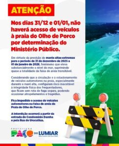 Carros não terão acesso à faixa de areia da Praia Olho de Porco