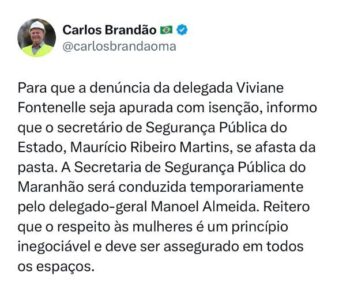 Apos denúncia de assedio contra delegada, governador Brandão afasta secretário de Segurança Pública do Maranhão; veja nota do delegado