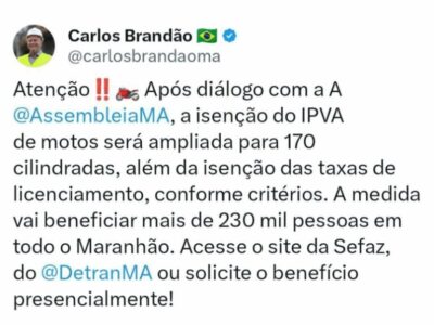 Brandão amplia isenção do IPVA e licenciamento para motos de até 170 cilindradas