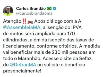 Brandão amplia isenção do IPVA e licenciamento para motos de até 170 cilindradas