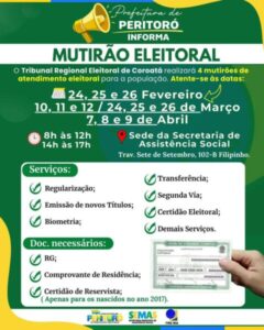 PREFEITURA DE PERITORÓ ANUNCIA MUTIRÃO ELEITORAL COM PRAZO FINAL PARA REGULARIZAÇÃO ATÉ MAIO DE 2026