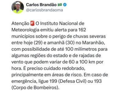 Brandão alerta para risco de temporais com ventos de até 100 km/h no Maranhão