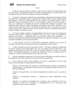TCU aponta que mudanças de material justificam valores na obra da extensão da Avenida Litorânea