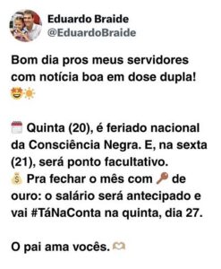 Braide também anuncia feriadão para o servidor público
