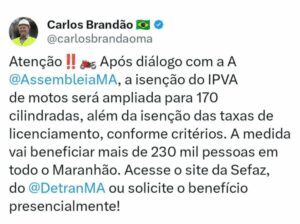Governo do Maranhão amplia isenção do IPVA para motocicletas de até 170 cilindradas