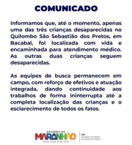 Comunicado da SSP diz que apenas uma criança foi encontrada