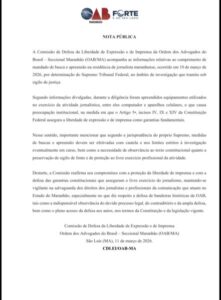 OAB-MA divulga nota pública sobre busca e apreensão em residência de jornalista no Maranhão