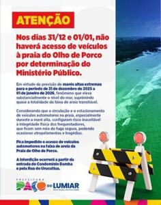 Ministério Público proíbe acesso de veículos à Praia do Olho de Porco em Paço do Lumiar