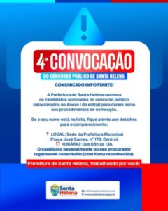 4ª Convocação – Prefeitura de Santa Helena convoca aprovados em concurso para nomeação e posse