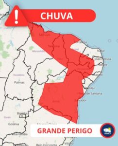 Alerta de grande perigo por chuvas intensas segue válido neste domingo, diz INMET