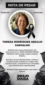 Prefeito Jhulio Sousa expressa pesar e decreta luto de 3 dias em Poção de Pedras pela morte da “Dona Tereza do Ornil”, mãe do vereador professor Roberto