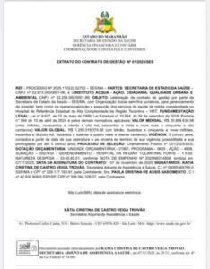 Governo Brandão firma contrato de R$ 1,2 bilhão sem licitação com Instituto Acqua para gerir hospital na Região Tocantina