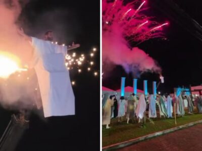 Figurino de Henri Castelli pega fogo durante encenação da Paixão de Cristo em SP