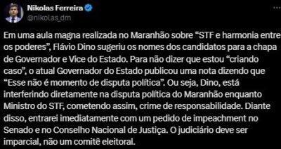 Nikolas Ferreira anuncia pedido de impeachment contra Flávio Dino por “interferência política” no Maranhão