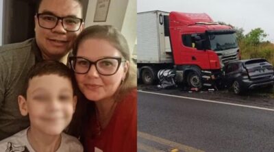 Pai, mãe e filho morrem após caminhão invadir contramão e bater de frente com o automóvel