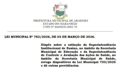 Veja a Lei Municipal que extinguiu as superintendência Educação e Saúde