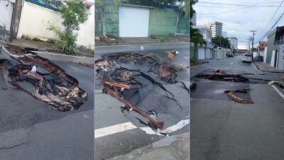 Buraco ameaça derrubar poste e complica trânsito no Jardim Renascença