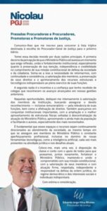 Em carta, Eduardo Nicolau anuncia que quer voltar para o comando da PGJ