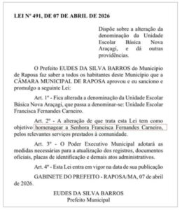 Após colocar o nome do pai em Creche, prefeito de Raposa mandar botar o nome da sogra em outra escola