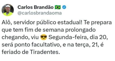 Brandão decreta ponto facultativo na segunda-feira (20) e garante feriadão prolongado