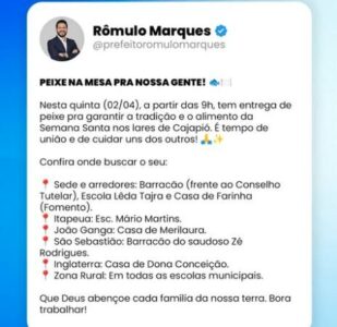 Cajapió: Tradição e Solidariedade na Semana Santa, Prefeito Dr. Rômulo Marques anuncia Distribuição de Peixe