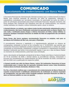 Prefeitura justifica rescisão de contrato com o Banco Master e diz que servidores não foram prejudicados