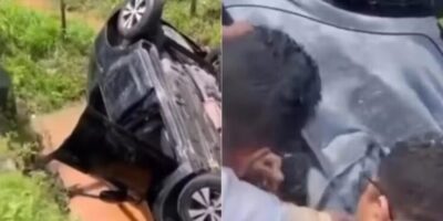 Carro capota e cai em córrego na Estrada do Gapara