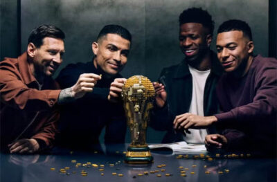 Messi, Cristiano Ronaldo, Mbappé e Vini Jr “disputam” troféu da Copa em comercial; veja