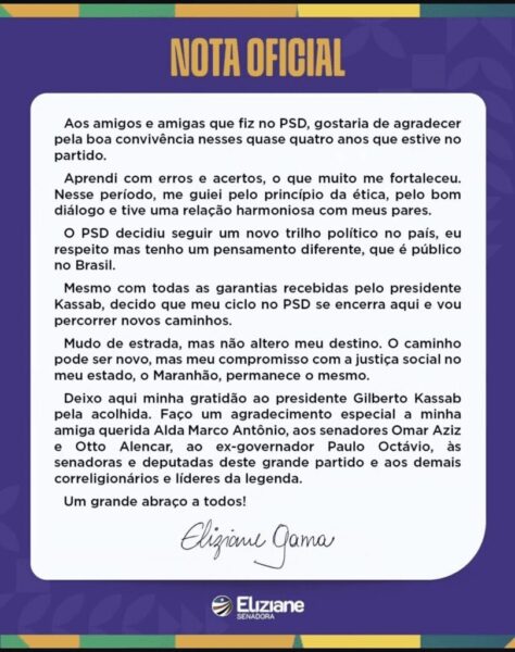Em nota, Eliziane confirma saída do PSD; destino é o PT…